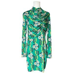 ZARA Mock Neck‎ Midi Dress Sz S Green Floral 70s Drape Ruched Retro Portugal